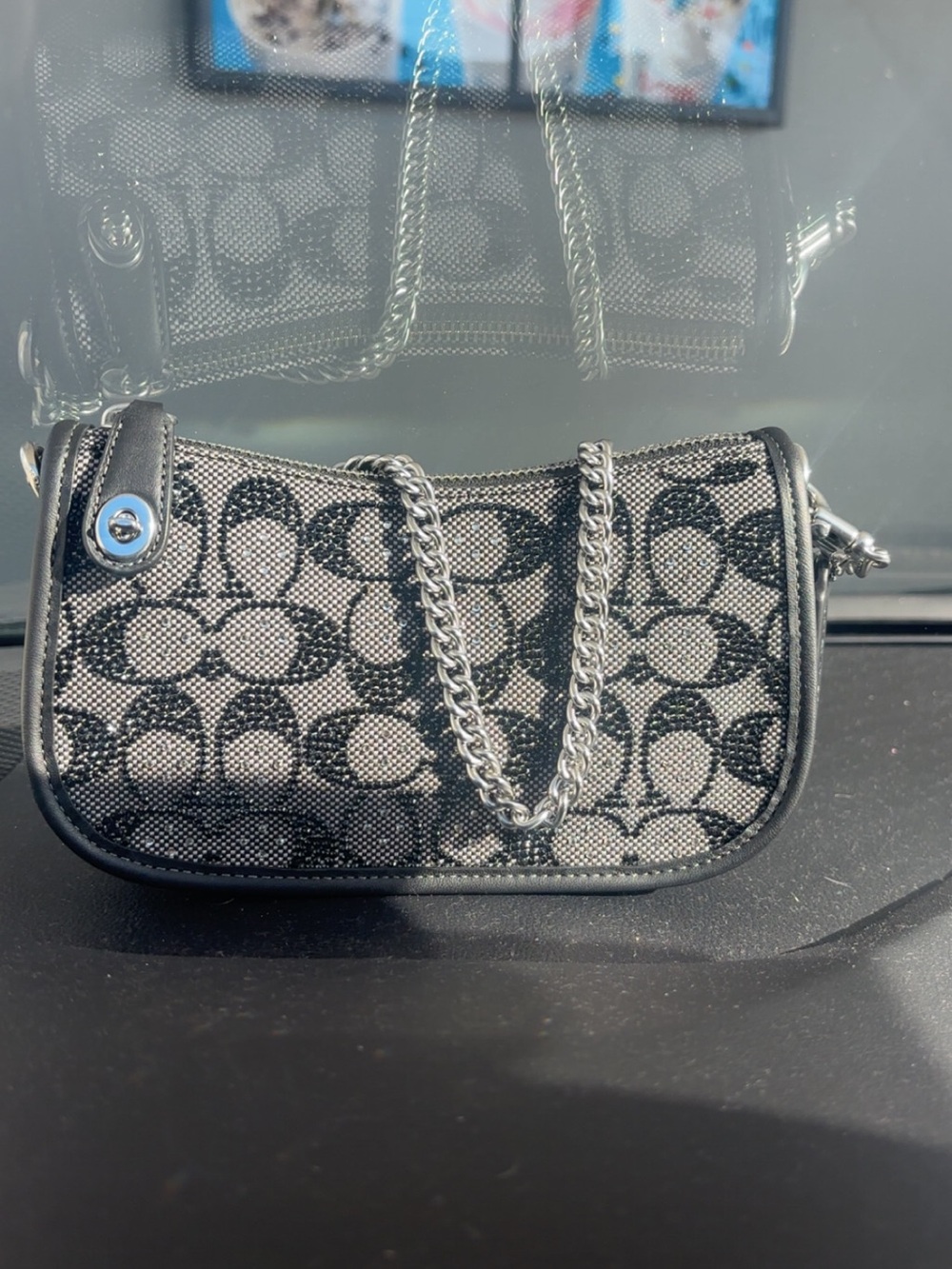 Coach Swinger Bag in Black Crystal with Silver Chain and matching Wallet